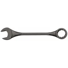 This SAE 12-point combination wrench features a 3-inch head size and 34-inch overall length. Constructed from alloy steel with a black oxide finish, the offset head design provides clearance for fasteners in recessed or confined spaces. Suitable for heavy-duty bolting applications in industrial maintenance and assembly.