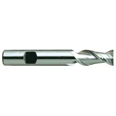 High-speed steel square end mill with TiCN coating for aluminum and non-ferrous materials. Two-flute geometry enables efficient chip evacuation. Suitable for slotting, profiling, and contouring in industrial machining. Mill diameter: 7/16"; length of cut: 1"; overall length: 2-11/16".