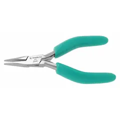 ESD-safe chain-nose pliers with a 4 3/4 in overall length, 7/8 in jaw length, and 1/2 in max jaw opening. The 0 in tip width allows access to tight spaces. Suitable for precision gripping and bending in electronics assembly and other fine work.