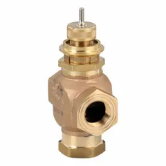 3-way globe valve with bronze body, stainless steel stem, and brass seat. Tee pattern, 1 in Female NPT connections, 11.6 CV flow rating. Used for modulating or diverting flow in hydronic heating and cooling systems.