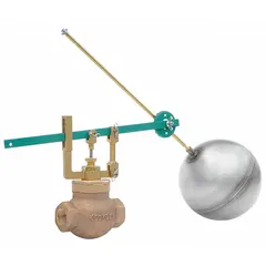 General service float and lever valve assembly with angle valve body made of iron. Designed for horizontal piping, includes rod and float with adjustable arm. Suitable for water media, flow rate 556 gpm at 40 psi, rod thread 3/8"-16. Commonly used for automatic liquid level control in tanks or reservoirs.