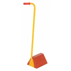 Rubber wheel chock with ergonomic handle, measuring 20 1/2 in length, 8 in width, and 37 1/8 in height. Used to prevent parked vehicles, trailers, and industrial equipment from rolling. Suitable for loading docks, warehouses, and fleet maintenance yards.