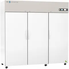 Upright lab refrigerator with 72 cu ft capacity, three swing glass doors (left and right opening), and a white exterior. Maintains temperature range of 1°C to 10°C, uses R-290 refrigerant, and includes a temperature alarm. Overall depth 36 in. Suitable for storage of temperature-sensitive materials in laboratory environments.