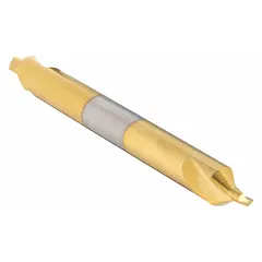 This plain-tip center drill is used to create precise conical starting holes in workpieces for lathe turning or grinding operations. It features a 60° included angle and a double-end design for extended tool life. The TiN coating reduces friction and improves performance in steel and other materials.