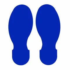 Solid blue footprint-shaped floor marking tape with no legend, measuring 3 1/2 in x 10 in per piece. Each piece has an 8 mil thick polyester backing. Supplied as a 10-pack. Used to designate standing positions or foot traffic areas in industrial and commercial facilities.