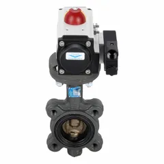 Cast iron lug-style butterfly valve with pneumatic actuator for air-to-air operation. Designed for on/off or throttling control of water in industrial piping systems. Pilot solenoid not included.