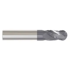 This ball-nose carbide roughing end mill is designed for heavy material removal in steel and cast iron. With a 3/8" diameter, 1" length of cut, and 4 flutes, it features an AlTiN coating for heat resistance. Typical applications include roughing operations in die and mold making, aerospace, and automotive manufacturing.