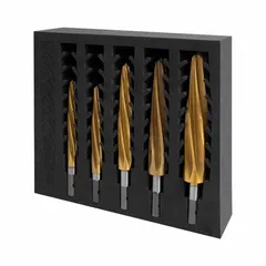 This 5-piece set includes chucking reamers with diameters from 9/16 in to 1 1/16 in, each featuring a VersaDrive hex shank for secure grip in impact drivers or drill chucks. Used for enlarging or aligning holes in metal, wood, or plastic during fabrication and maintenance tasks.