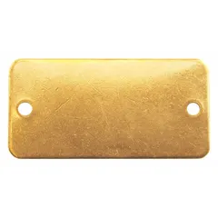 General-purpose blank valve tags made of yellow brass, rectangle shape measuring 3 in x 1 in with a 0.04 in thickness. Supplied in a 100-pack for identifying valves, pipes, pumps, and equipment in industrial plants. The brass surface accepts permanent marking for labeling in maintenance and facility identification applications.