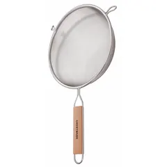 Stainless steel wire mesh strainer with medium single mesh and a 13 3/4 in overall length. Features a wood handle. Used for straining solids from liquids in commercial kitchens and food service settings, such as draining pasta, rinsing vegetables, or filtering stocks.