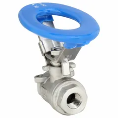 This manual two-way ball valve features a 316 stainless steel straight valve body and PTFE seals. It is equipped with a locking oval handle for secure on/off flow control. Suitable for use in industrial piping systems requiring reliable shut-off.