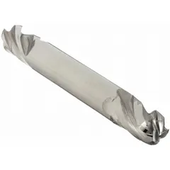 This double-end carbide ball end mill has a 1/4" mill diameter, 1/2" length of cut, and 2-1/2" overall length. It features 4 flutes and is made of carbide for hardness and wear resistance. The ball nose design is used for contouring, slotting, and profiling in CNC machining, creating smooth curved surfaces. The double-end design provides two cutting ends per tool, extending tool life.