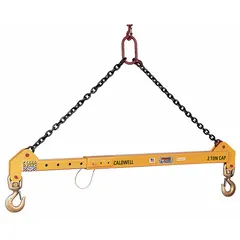 This chain-mounted spreader beam is constructed of steel and adjustable in length. It has an overall length of 120 inches and a working load limit of 20,000 pounds. Used in heavy lifting applications to distribute loads evenly and prevent sling angle damage.
