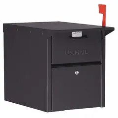 This horizontal mailbox is designed for package delivery, featuring a single lockable door and rear access. It measures 17 1/4 inches high, 14 3/8 inches wide, and 23 inches deep, with a black finish. Suitable for pedestal mounting in commercial or multi-tenant settings where secure parcel storage is required.