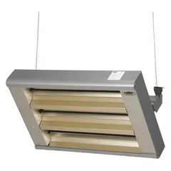 This FOSTORIA infrared heater delivers 7500W of radiant heat via quartz lamp elements, operating on 480V AC with single or three-phase power. The hardwired unit features a silver aluminum housing and measures 33 x 21-1/2 x 11 inches. Designed for suspended ceiling mounting, it provides targeted spot or zone heating in industrial and commercial spaces such as warehouses, loading docks, and manufacturing areas.
