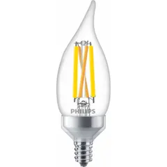 LED candelabra screw base (E12) lamp with BA11 bullet angled shape and clear finish. Operates at 120V AC, 6.6 watts, and 2200K color temperature. Suitable for decorative lighting in chandeliers, sconces, and small fixtures.