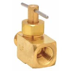 This brass straight-body needle valve features a 1/4 in pipe size with FNPT x MNPT connections (female NPT on side 1, male NPT on side 2). Designed for water media, it meets NSF 61 Annex G standards for potable water contact. Commonly used in plumbing and HVAC systems for precise flow regulation.