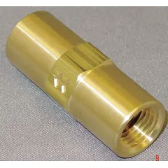 This brass inline piston check valve features a 1/4 in pipe size with female NPT threads on both ends. It is designed to prevent backflow in piping systems carrying water, air, or light oil. The inline valve body allows for straightforward installation in horizontal or vertical lines.