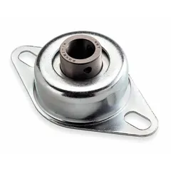 This stamped steel flange-mount ball bearing features a rhombus-shaped flange measuring 5 in length by 3 in width. It has a 3/4 in cylindrical bore and uses set screws for shaft retention. Lubricated with NLGI #2 equivalent grease, it is designed for light-to-medium duty radial load support in applications such as conveyors and material handling equipment.