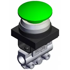 This VM100 Series manual air control valve features a mushroom button actuator and a side-ported body with 2 ports and 1/8 in NPT connections. The green actuator provides visual indication of valve state. Typical applications include manual override or emergency-stop functions in pneumatic control circuits.