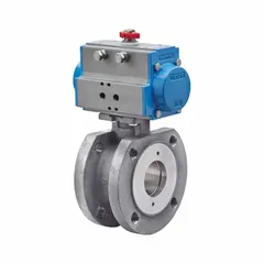 This pneumatically-actuated ball valve features a stainless steel one-piece body with 4-inch flange x flange connections. It is designed for on/off flow control of liquids and gases in industrial piping systems. The valve operates with a 24V DC pilot solenoid for automated actuation.