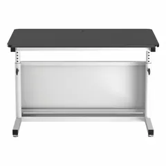 This manual adjustable-height desk features a 48-inch wide by 30-inch deep black wood desktop on a white steel frame. The desktop height adjusts up to 36 inches, allowing users to alternate between sitting and standing positions. Suitable for office, home, or light industrial environments requiring a stable work surface.
