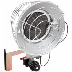 This portable gas tank-top radiant heater provides spot heating for areas up to 250 sq ft. It mounts directly on a propane tank for use in construction sites, workshops, and outdoor spaces without electricity. Overall dimensions are 12 in x 7-1/8 in x 8-1/4 in.