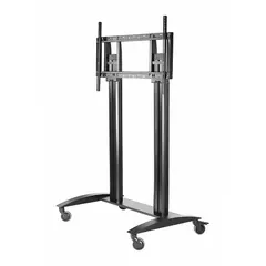 This steel mobile cart supports flat-panel displays from 55 to 98 inches with a weight capacity of 300 lb. It is suited for repositioning large screens in control rooms, training facilities, and conference areas.