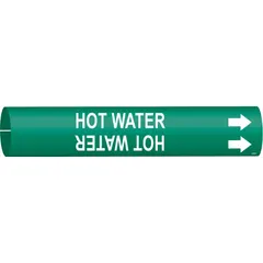 This snap-on pipe marker identifies hot water lines in industrial piping systems. The green and white marker with arrows indicates flow direction and fits pipes with an outer diameter of 3/4 to 1 3/8 inches. It is used for facility safety and compliance with pipe-marking standards.