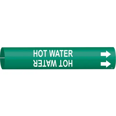 BRADY Pipe Marker: Hot Water, Green, White, Fits 3/4 to 1 3/8 in Pipe O.D., 1 Pipe Markers - Hot Water Snap-On Pipe Markers