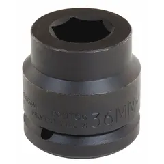 This 1-1/2" drive impact socket features a 36 mm metric size with a 6-point standard configuration. The black oxide finish provides corrosion resistance. Suitable for heavy-duty fastening and loosening of metric nuts and bolts in industrial maintenance, construction, and automotive applications.