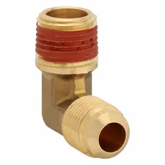 Brass flared/threaded 45-degree elbow for connecting 3/4 in OD tubing to 3/4 in NPT threaded ports. Meets SAE J512 standards. Used in hydraulic, pneumatic, and instrumentation systems for fuel, oil, and air lines.