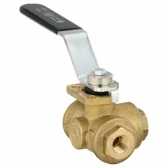 This BONOMI three-way ball valve features an L-port design for diverting or mixing flow in piping systems. Constructed of brass with a standard port ball port and lever handle, it has 1/4 inch female NPT connections on all three ports. Suitable for applications requiring directional flow control.