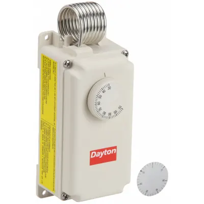 Dayton Line Volt Mechanical Tstat: Heat or Cool, Plastic, 30° to 110°F, 3.5°F - Weatherproof Single-Stage Controls