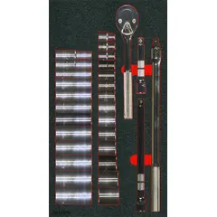 This 30-piece set includes 12-point SAE sockets ranging from 1/2 to 1-1/4 in, along with bit sockets and drive tools, all with a 1/2 in drive. Suitable for fastening and loosening hex fasteners in automotive, industrial maintenance, and general mechanical applications.