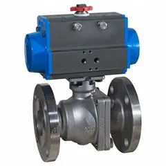 This BONOMI pneumatically-actuated ball valve features a 4-inch, two-piece stainless steel body with flange x flange connections. It is designed for on/off flow control of liquids and gases in industrial piping systems. The valve includes a pilot solenoid rated at 110V AC for actuation.