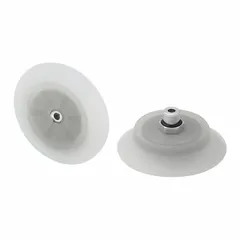 This flat vacuum pad assembly is designed for fast-handling in automated pick-and-place systems. It features a G1/4 in vacuum port and a 77.2 mm pad diameter. The pad is made of food grade silicone rubber, suitable for sanitary applications in food processing and packaging lines.