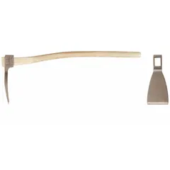 This non-sparking adze features a 5.3 lb aluminum bronze head and a 5-inch cutting edge, mounted on a wood handle. It is designed for cutting and shaping wood in environments where flammable gases, vapors, or combustible dusts are present. Typical applications include railroad maintenance, mining, and petrochemical facilities.