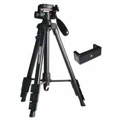 Aluminum folding tripod with adjustable height from 1 11/16 ft to 4 11/16 ft. Flat head with 1/4"-20 instrument adapter for mounting rotary laser levels. Includes carrying case. Suitable for construction, surveying, and alignment tasks.
