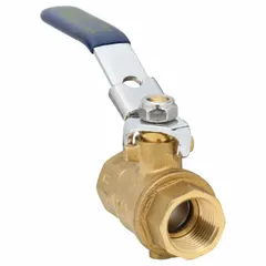 This brass ball valve features a straight, full-port design with FNPT x FNPT connections and a locking lever handle. It includes a drain port for system maintenance. Suitable for on/off control and isolation in plumbing and industrial piping systems handling water, oil, or gas.