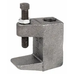 This C-clamp style beam clamp is made of zinc-plated ductile iron with a 3/4 in throat depth and a 1,200 lb load capacity. It includes a locknut and requires 60 in-lb installation torque. Designed for use with 5/8 in threaded rod, it is used to suspend piping, HVAC, or electrical supports from structural beams.
