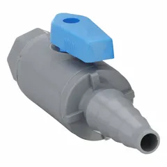 This manual two-way ball valve features a 1/4 in PVC body with female NPT and barb connections. The full-port ball design allows unrestricted flow for on/off control in low-pressure piping systems handling water, air, or chemicals.