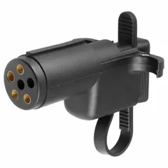 This adapter converts a 6-way round trailer connector to a 4-way flat connector, enabling compatibility between different trailer wiring systems. Made of plastic with an overall length of 3 1/8 inches, it is used in fleet and vehicle maintenance to connect trailers with round connectors to vehicles with flat connectors without rewiring.