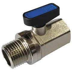 This mini ball valve features a nickel-plated brass straight body with 1/2-inch MNPT x FNPT end connections and a wedge handle. It is used for manual on/off flow control in plumbing and industrial piping systems, suitable for water, oil, and compressed air applications.