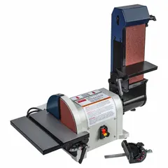 This benchtop belt and disc sander is suited for deburring, finishing, and shaping operations on metal, plastic, and wood workpieces. It features a 4 in x 36 in belt and operates on 120 V, single-phase power with a 3/4 hp motor.
