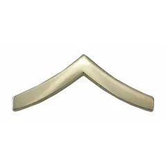 Metallic rank insignia for Private (PVT) grade. Features a 1-inch silver chevron design constructed from metal with a clutch pin attachment for secure fastening to uniform fabric. Suitable for military dress and service uniforms.