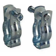 Galvanized steel screw-on hanger for securing 1-inch trade size EMT conduit. Used in electrical and industrial installations for mounting conduit and pipe.