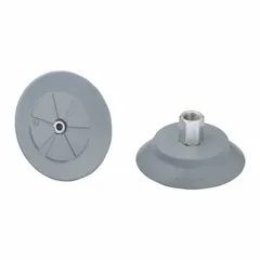 This vacuum pad assembly is designed for industrial handling applications, particularly in electronics manufacturing. It features a 108 mm diameter NBR pad with 55 A durometer for reliable grip on smooth surfaces. The assembly has a pad height of 35.9 mm and is colored gray.