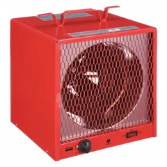 Portable forced-air heater with 4.2kW/5.6kW output on 208/240V AC single-phase power. NEMA 6-30P plug, automatic reset thermal overheat protection, and steel intake/discharge grilles. Suitable for temporary or supplemental heating in construction sites, garages, workshops, and warehouses.