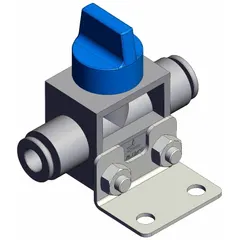 Manual air control valve with knob actuator for starting, stopping, or directing compressed air flow in pneumatic systems. Features 3 ports, 6 mm side-ported body, and blue actuator. Suitable for panel-mount or handheld control applications.